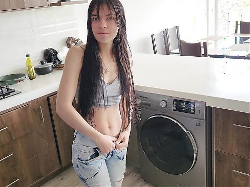 His stepsister needs help with the washing machine, he helps her undress and fucks her Tight jeans